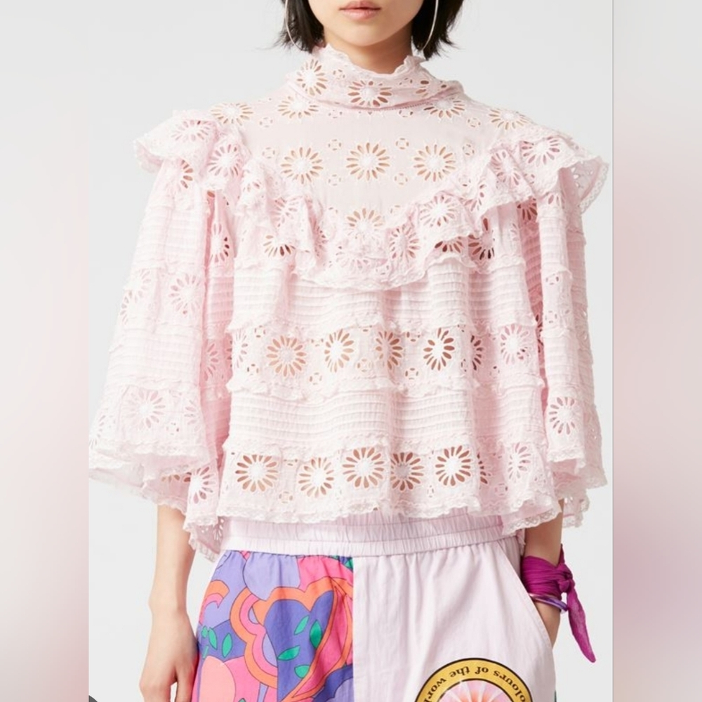 ISABEL MARANT ruffled lace-trimmed broderie anglaise cotton-silk, Pink, Size 38